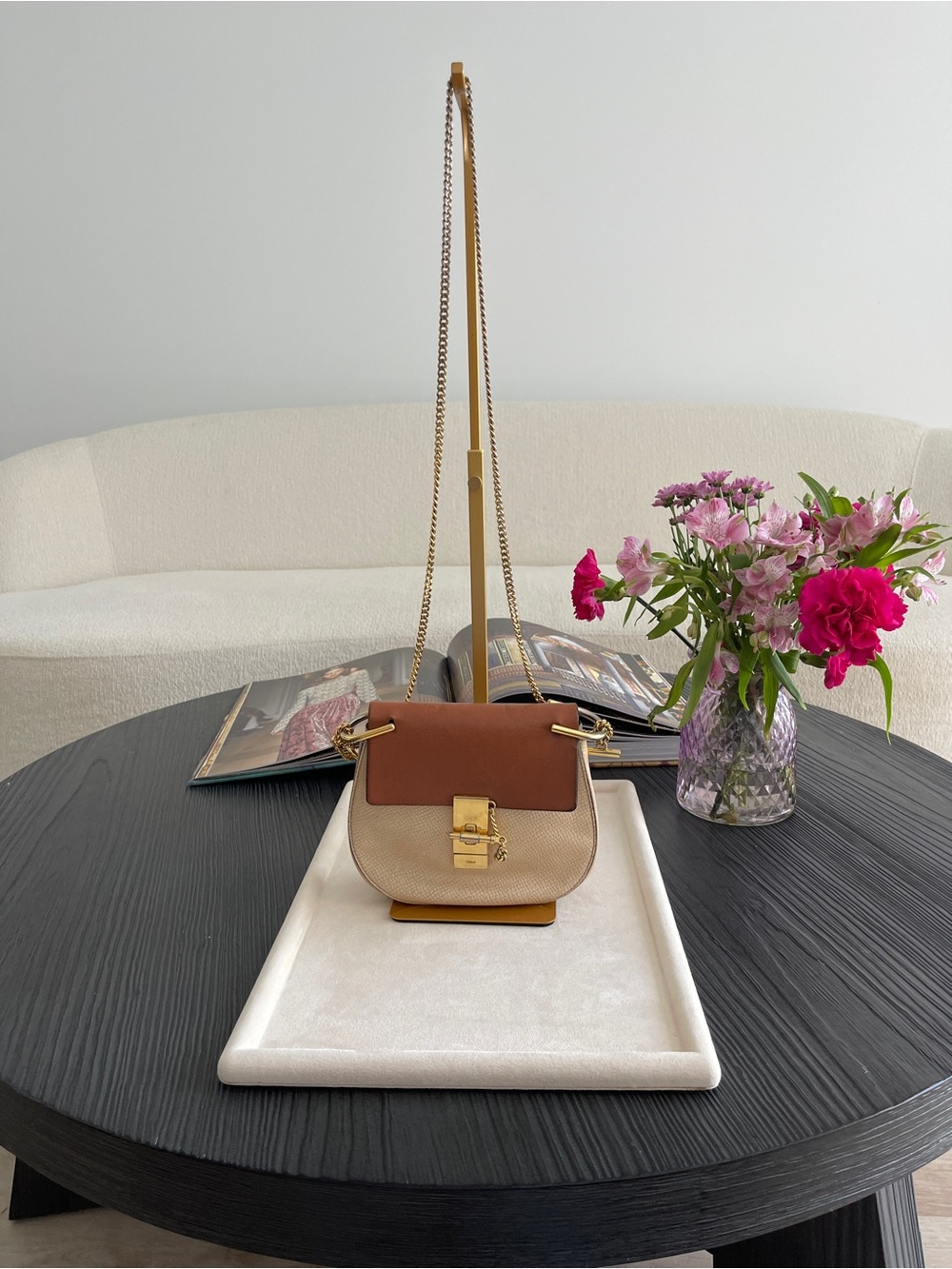 Chloé Drew Small Crossbody Bag Beige Textured Leather Brown Flap Gold Chain